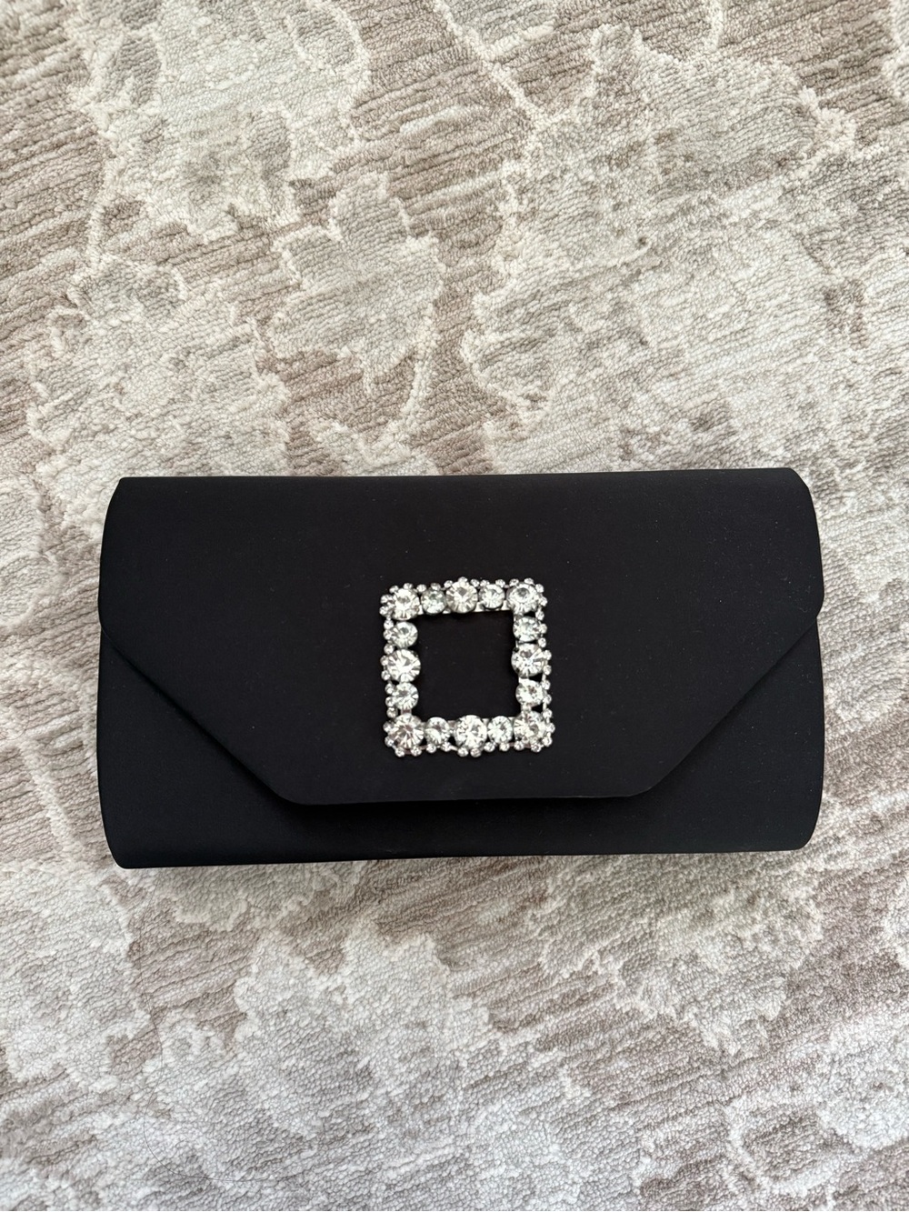 Elegant Black Satin Clutch with Crystal Square Accent